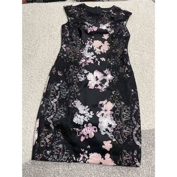 Saks Fifth Avenue Cocktail scuba sheath dress size 6 black lace Floral A17548 - Picture 2 of 10